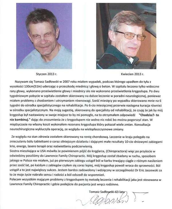 Chiropractic Lawrence Township NJ Tomasz Sadlowski Testimonial